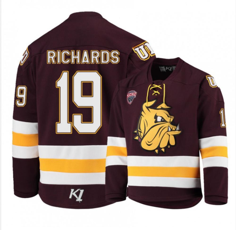 Men's Minnesota Duluth Bulldogs #19 J. Richards Hockey Stitched Maroon Jersey