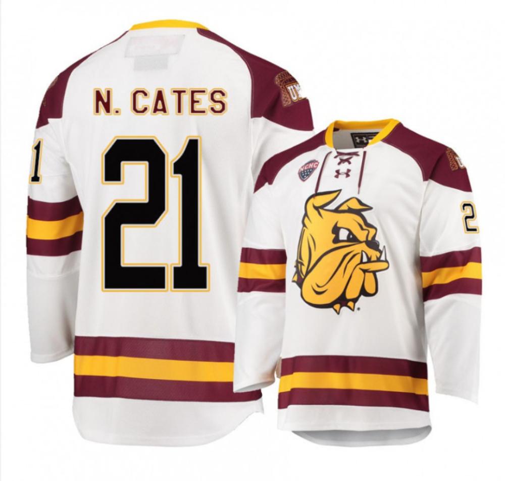 Men's Minnesota Duluth Bulldogs #21 Noah Cates Hockey All Stitched White Jersey