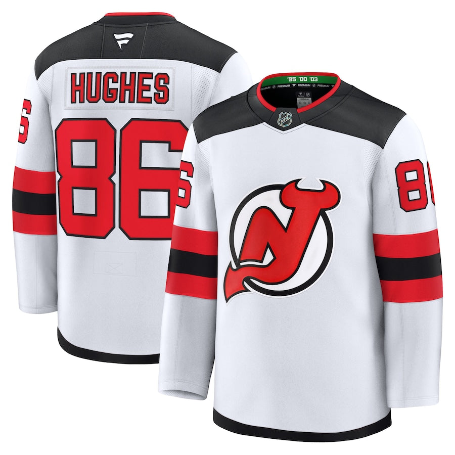 Men's New Jersey Devils #86 Jack Hughes Away Premium Jersey White