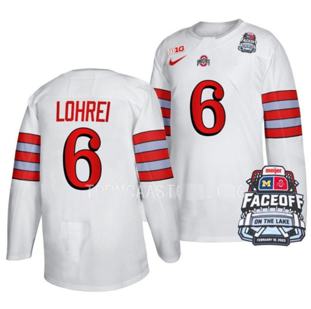 Men's Ohio State Buckeyes #6 Mason Lohrei College Hockey Stitched Jersey White
