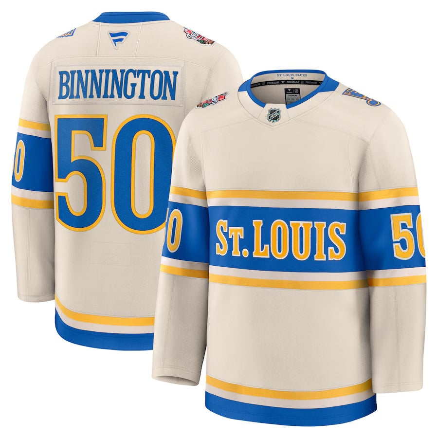 Men's St. Louis Blues #50 Jordan Binnington 2025 NHL Winter Classic Premium Cream Jersey