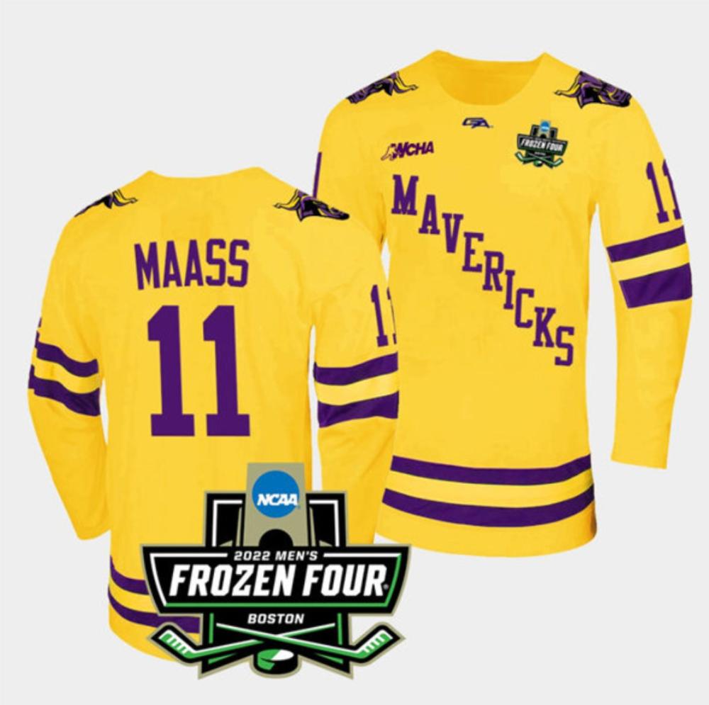 Mens Massachusetts Minutemen #11 Benton Maass College Hockey Jersey Gold