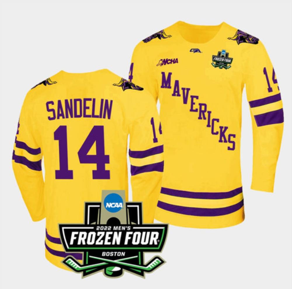 Mens Massachusetts Minutemen #14 Ryan Sandelin College Hockey Jersey Gold