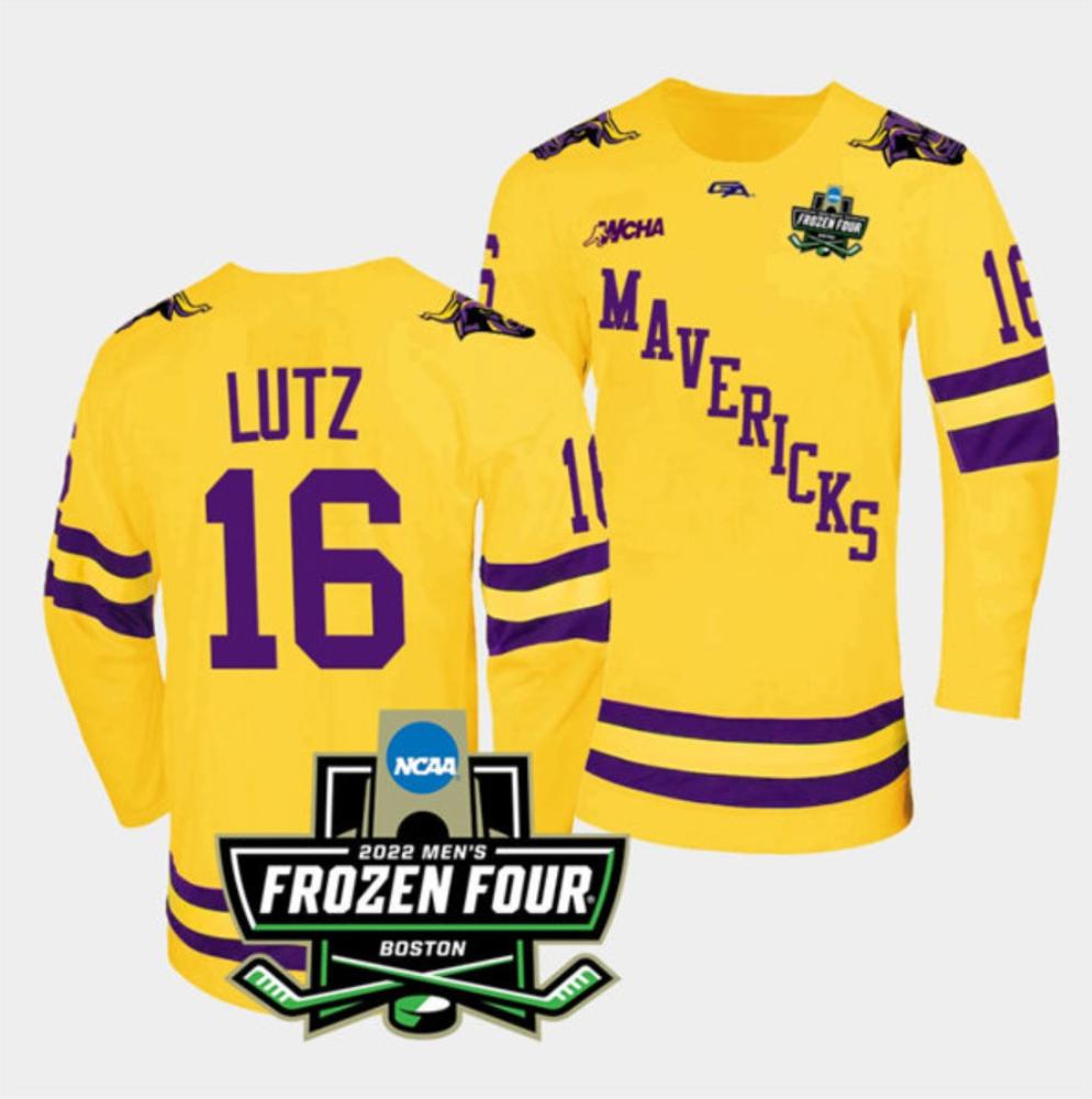 Mens Massachusetts Minutemen #16 Reggie Lutz College Hockey Jersey Gold