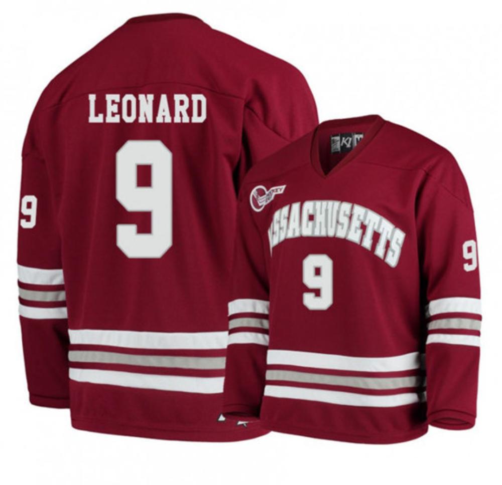Mens Massachusetts Minutemen #9 John Leonard College Hockey Jersey Maroon