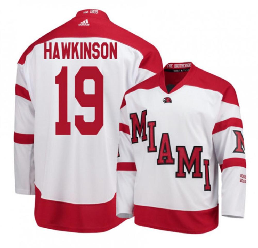 Mens Miami University RedHawks #19 Brian Hawkinson White College Hockey Jersey