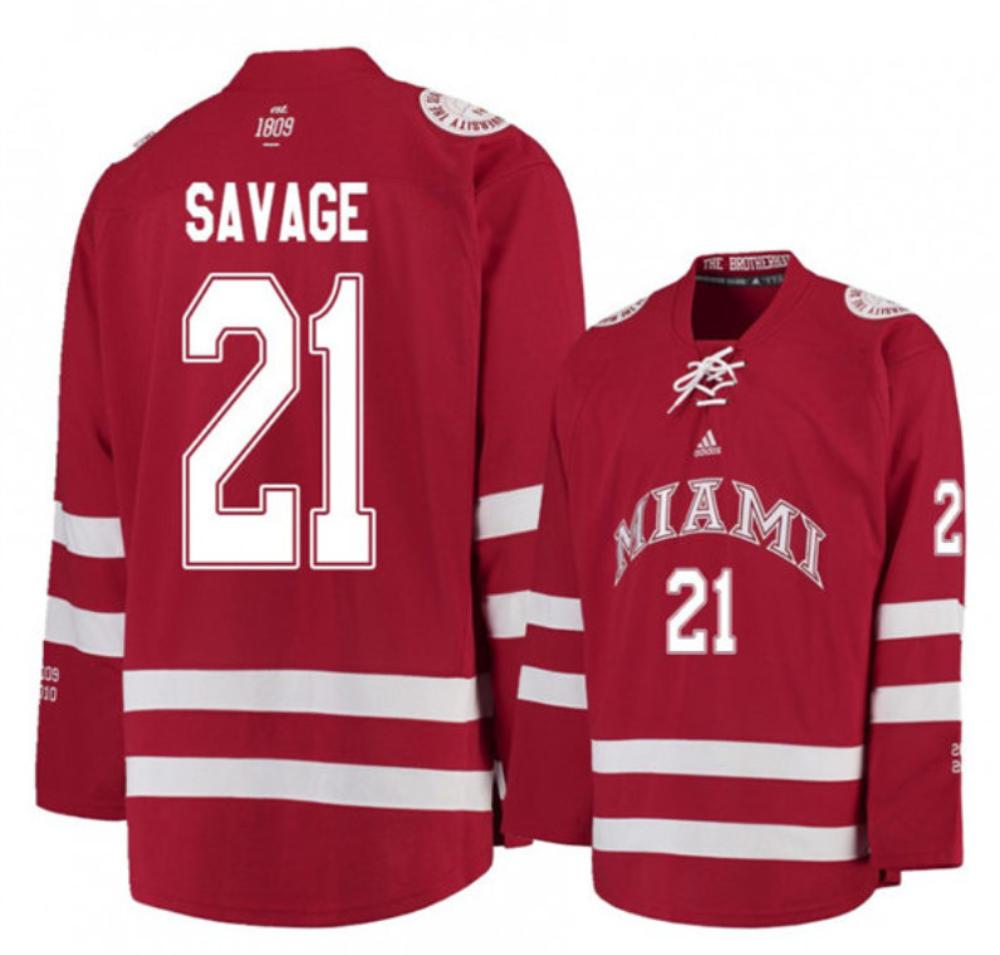 Mens Miami University RedHawks #21 Ryan Savage Red College Hockey Jersey