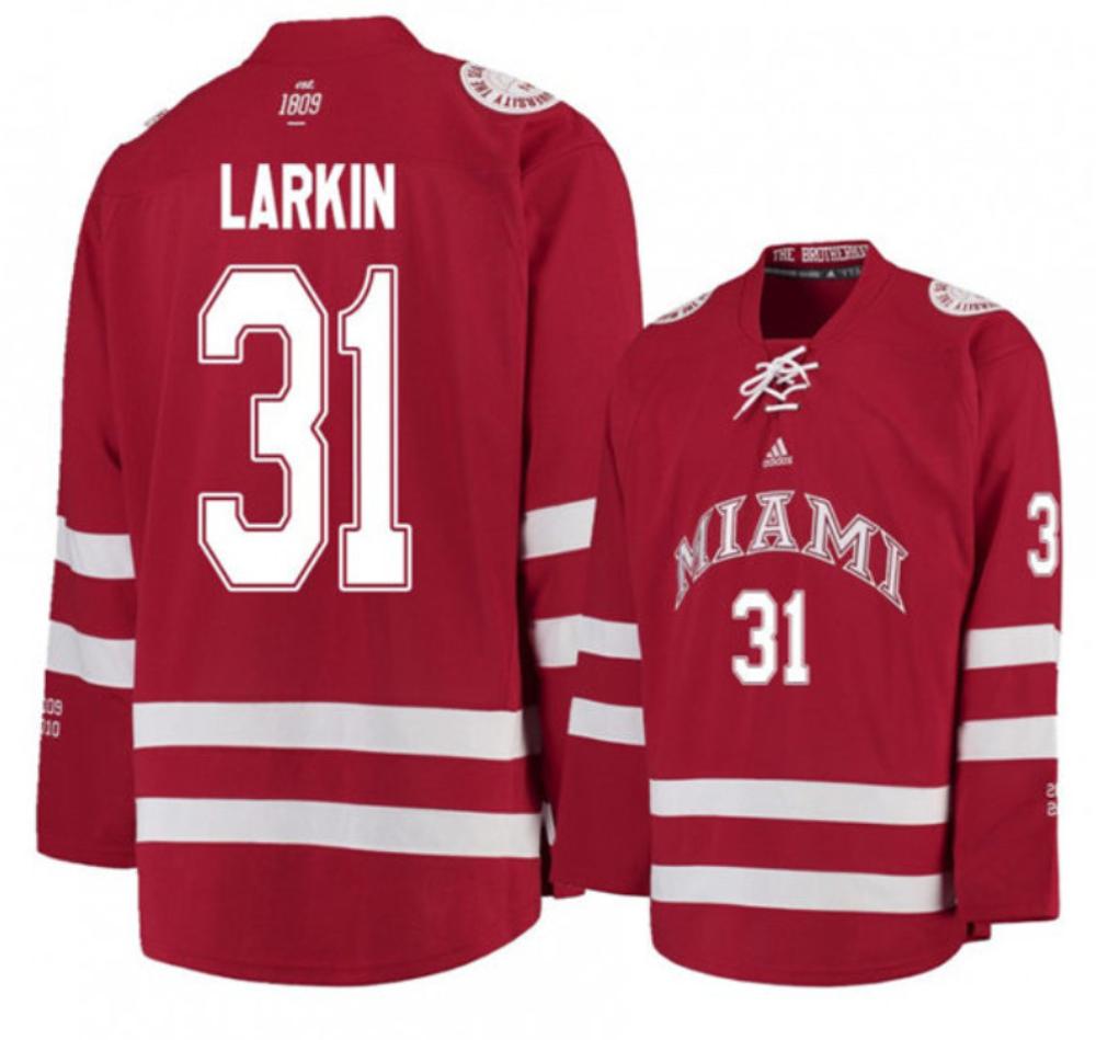 Mens Miami University RedHawks #31 Ryan Larkin Red College Hockey Jersey