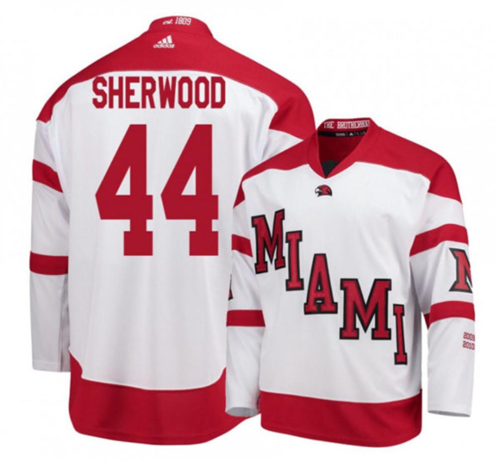 Mens Miami University RedHawks #44 Kiefer Sherwood White College Hockey Jersey