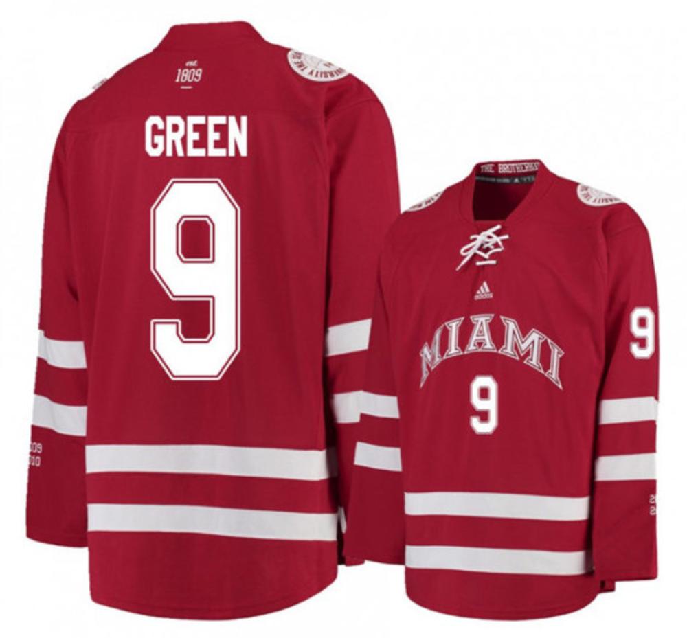 Mens Miami University RedHawks #9 Gordie Green Red College Hockey Jersey