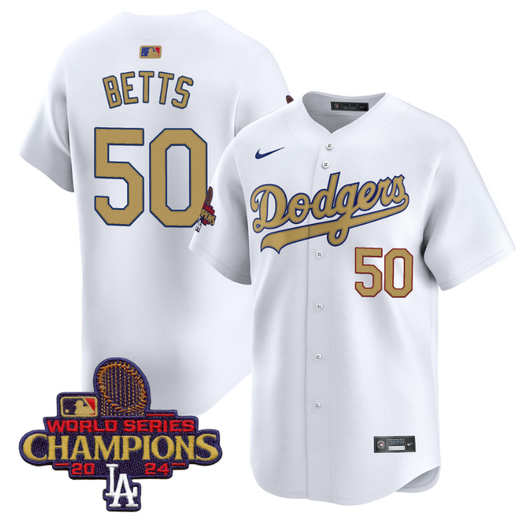 Mookie Betts Jersey #50 Dodgers 2025 Gold Vapor Premier Stitched White