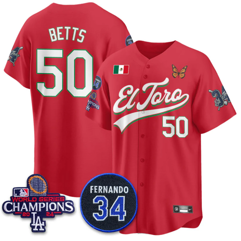 Mookie Betts Jersey #50 Dodgers Mexican El Toro For 34 Stitched Red