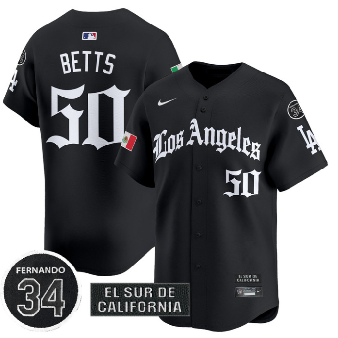 Mookie Betts Jersey #50 Dodgers Mexico 2025 LA Gothic Style Patch Premier Limited Stitched Black
