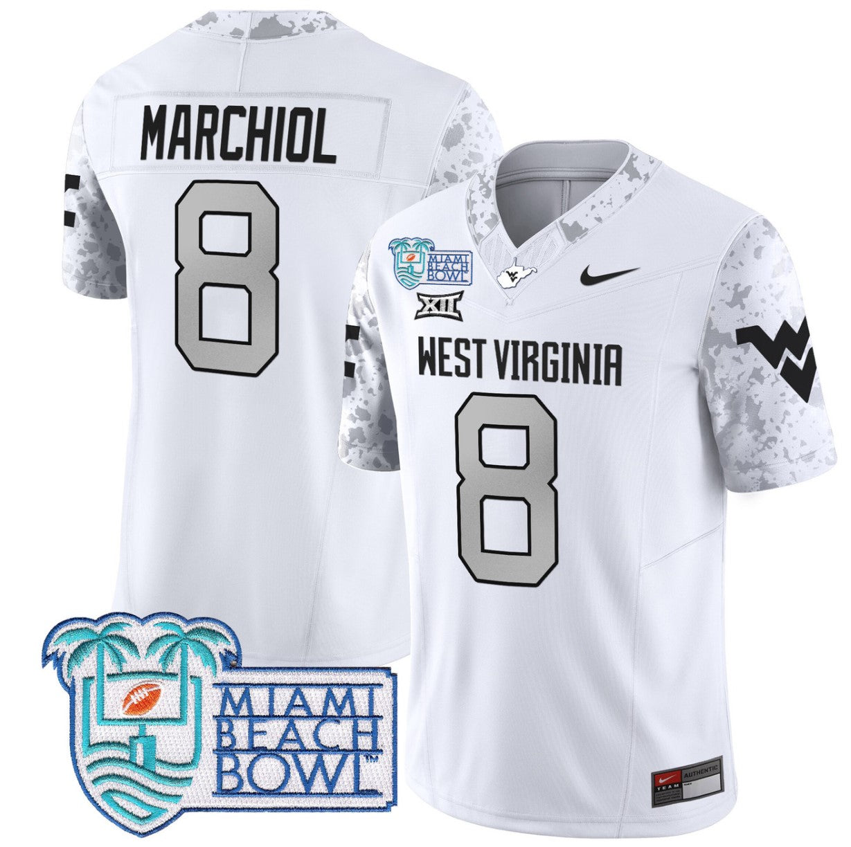 Nicco Marchiol Jersey #8 West Virginia Mountaineers 2025 Miami Beach Bowl White