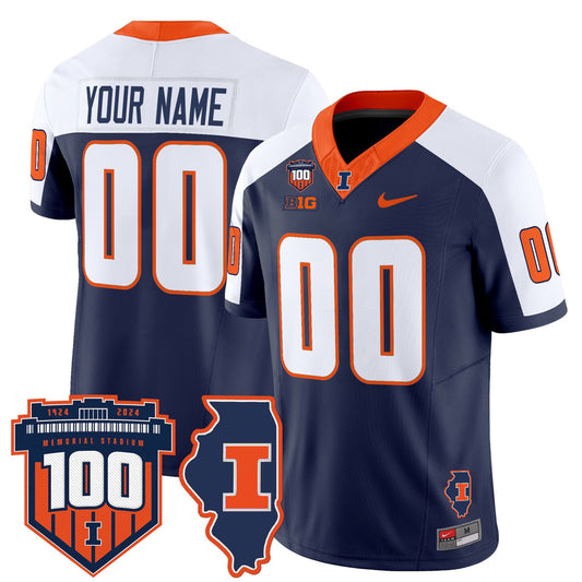 Custom Illinois Fighting Jersey Name, Number 100th Memorial Stadium Navy Alter