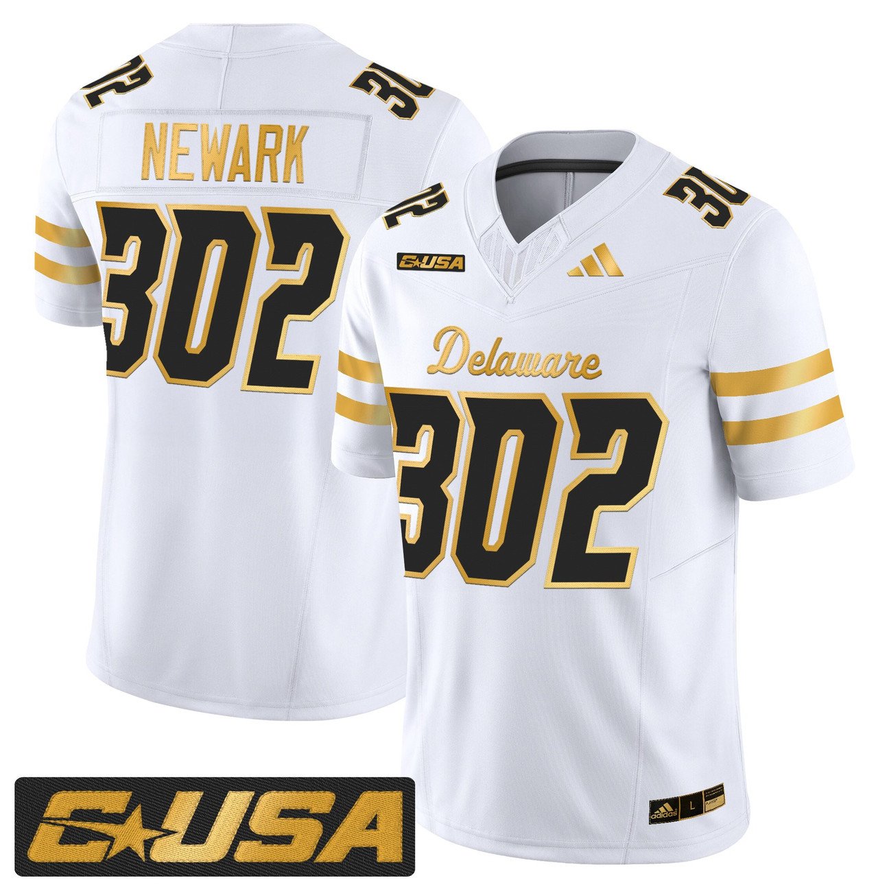 Newark Jersey #302 Delaware Blue Hens 2025 Gold Vapor Stitched
