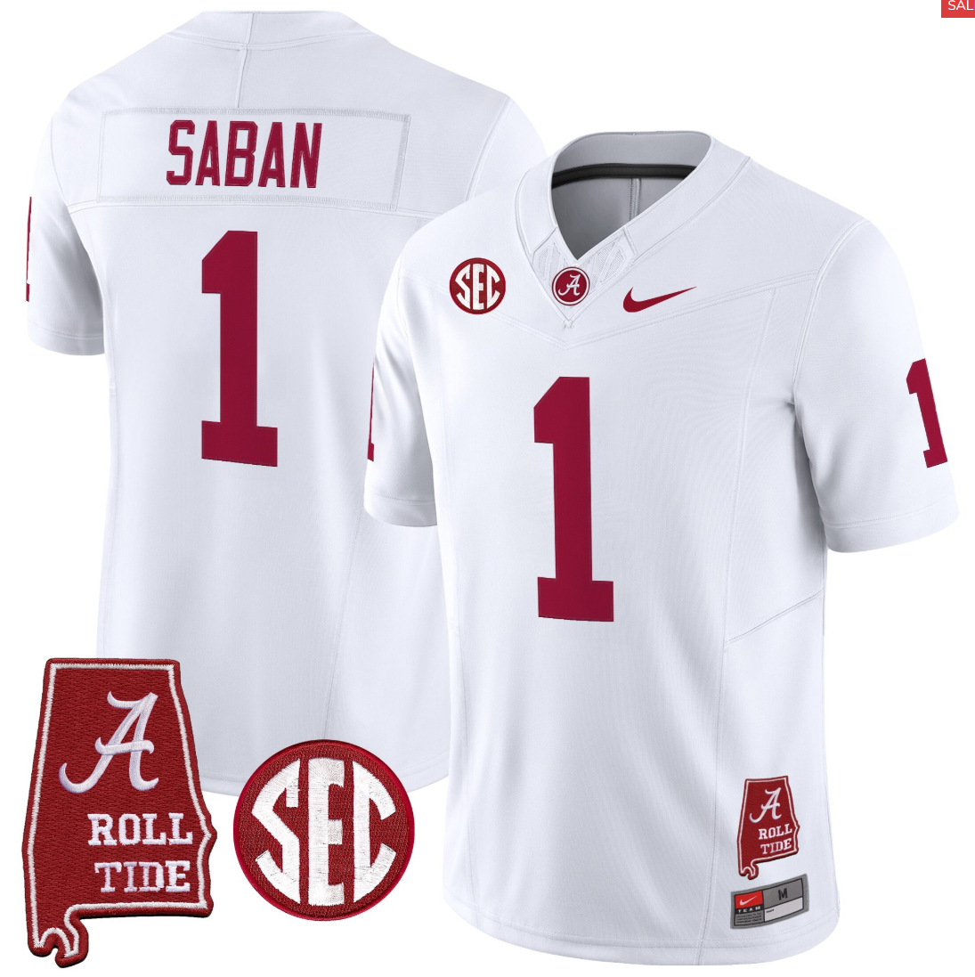 Nick Saban Jersey #1 Alabama Crimson Throwback Alabama Map Stitched White