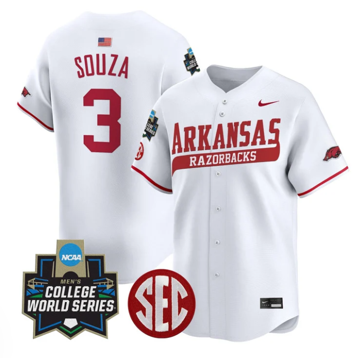Nolan Souza Jersey #3 Arkansas Razorbacks 2025 World Series Stitched White