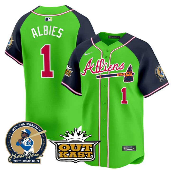 Ozzie Albies Jersey #1 Atlanta Braves Atliens Hank Aaron Patch Limited Stitched Green Alternate