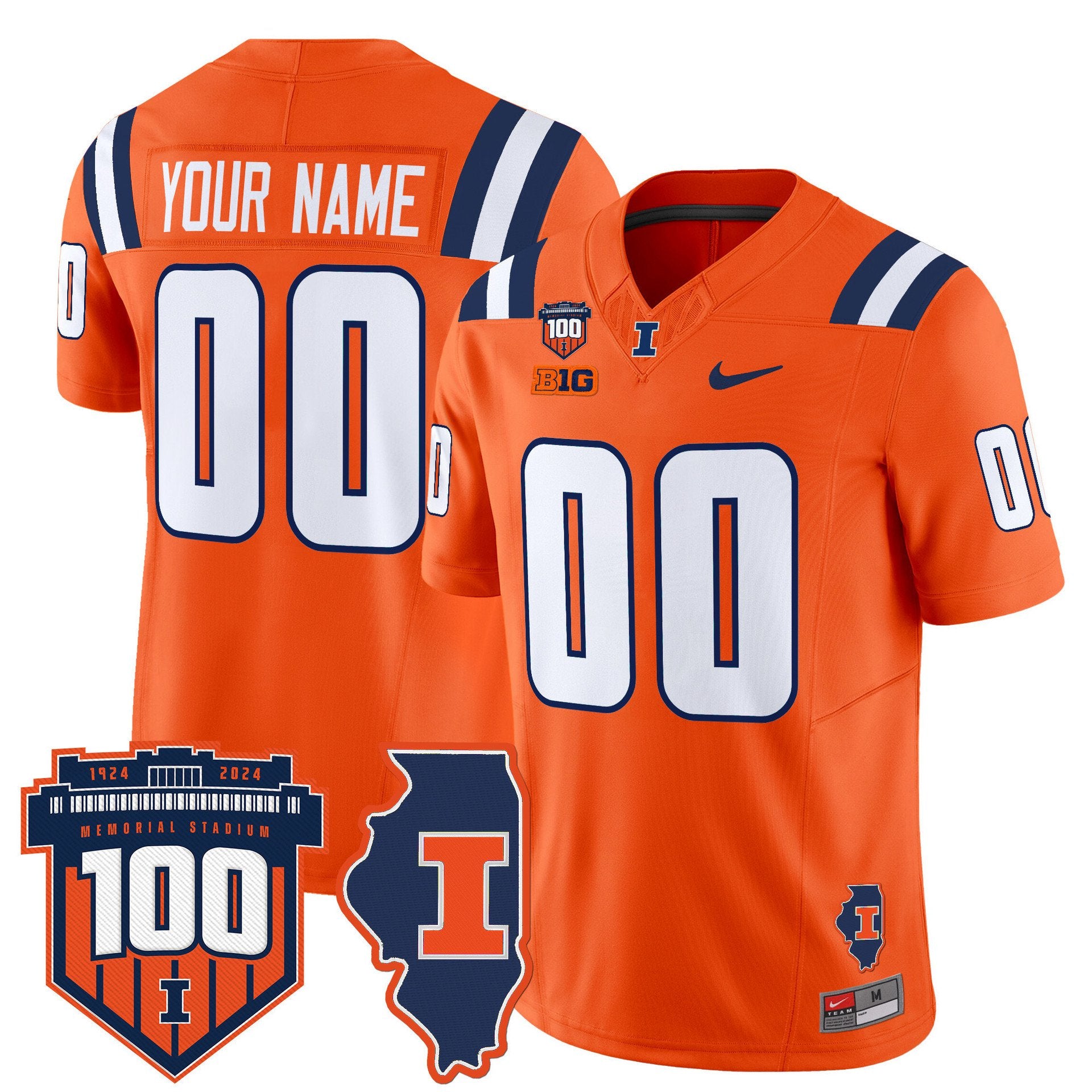 Custom Illinois Fighting Jersey Name, Number 100th Memorial Stadium Orange