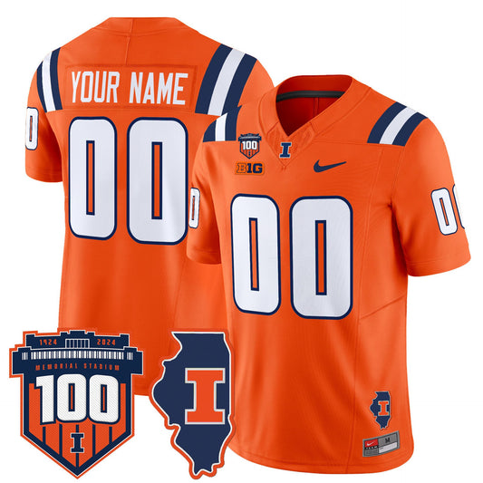 Custom Illinois Fighting Jersey Name, Number 100th Memorial Stadium Orange