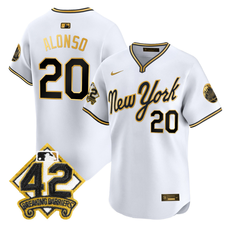 Pete Alonso Jersey #20 New York Mets 2025 Jackie Robinson Patch Road Alternate Stitched White Gold