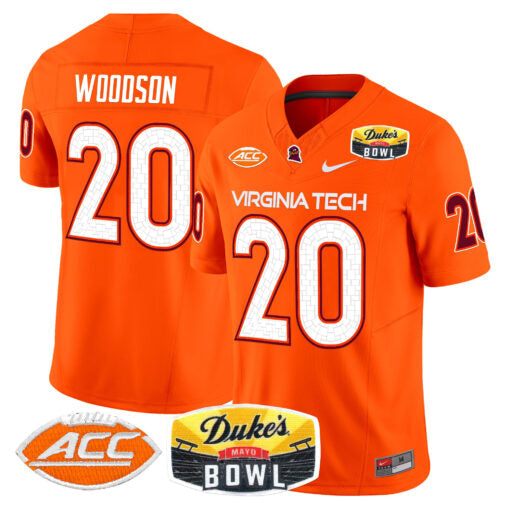 Caleb Woodson Jersey #20 Virginia Tech Hokies 2025 Duke’s Mayo Bowl Patch Orange Alternate