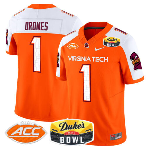 Kyron Drones Jersey #1 Virginia Tech Hokies 2025 Duke’s Mayo Bowl Patch Orange Alternate