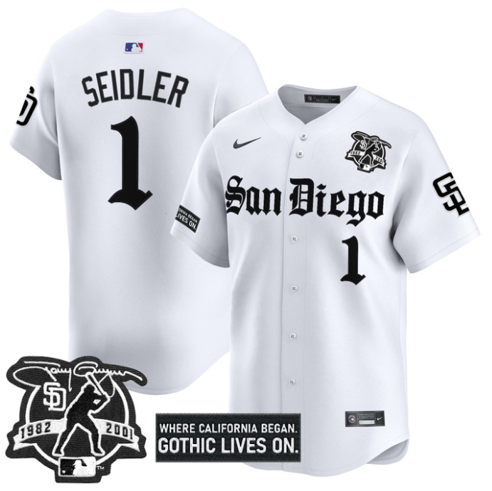 Peter Seidler Jersey #1 San Diego Padres Gothic Edition Vapor Limited Stitched White