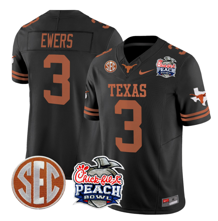 Quinn Ewers Jersey #3 Texas Longhorns Peach Bowl Patch Vapor Black