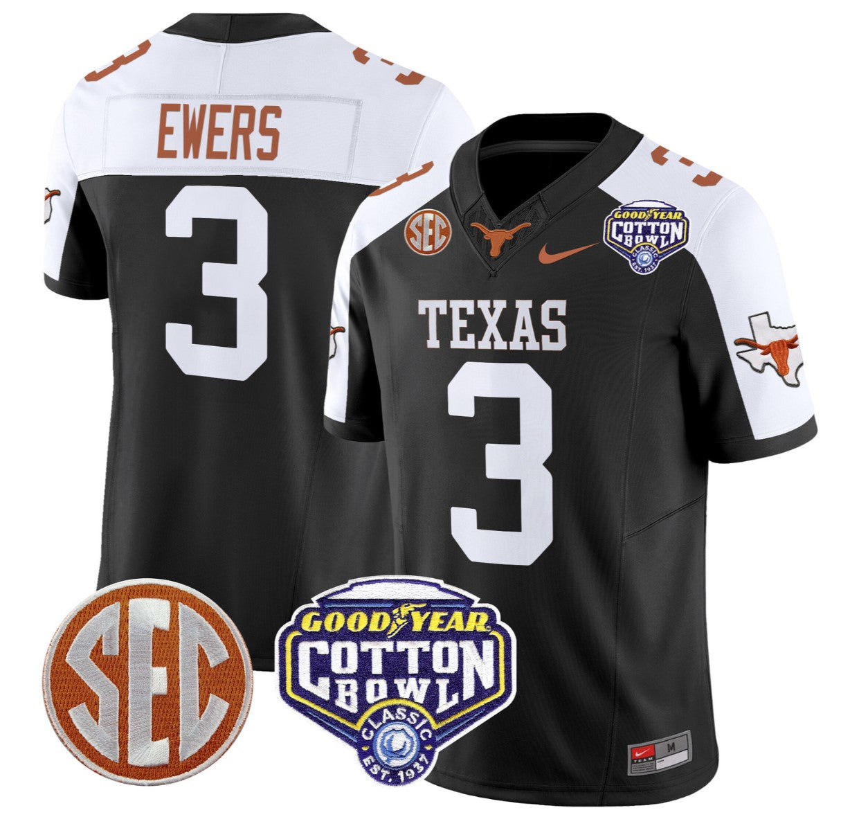Quinn Ewers Jersey #3 Texas Longhorns Cotton Bowl Patch Stitched Black Alternate