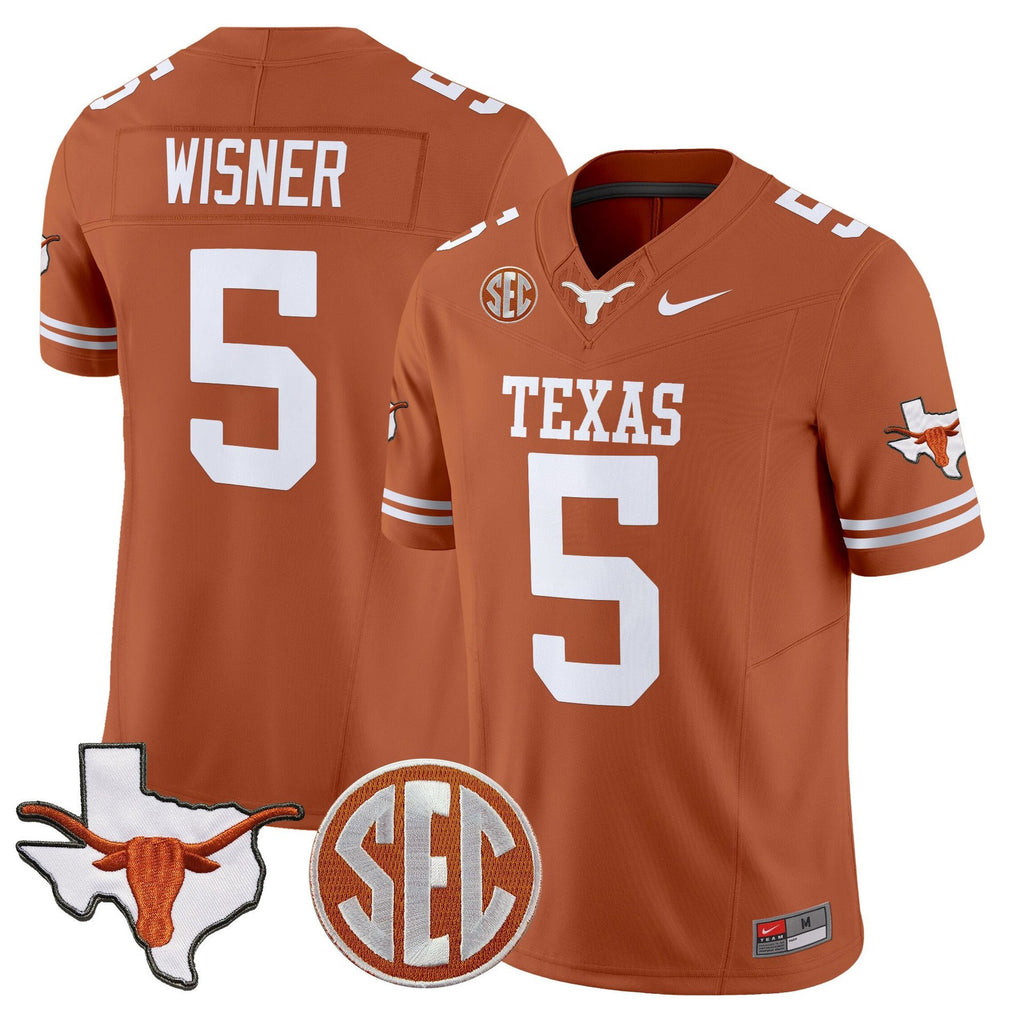 Quintrevion Wisner Jersey #5 Texas Longhorns 2025 State Map SEC Patch Texas Orange