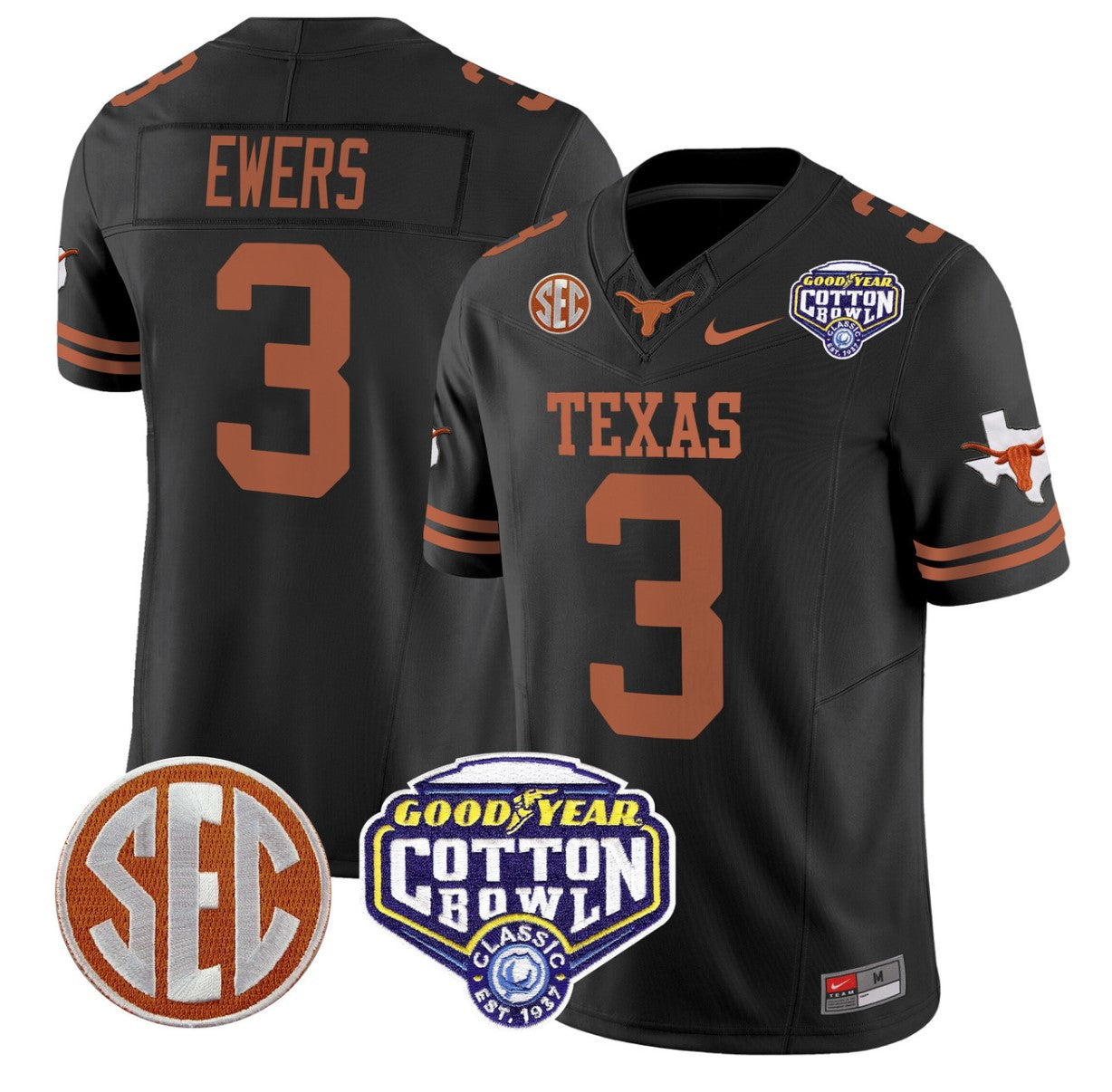 Quinn Ewers Jersey #3 Texas Longhorns Cotton Bowl Patch Stitched Black