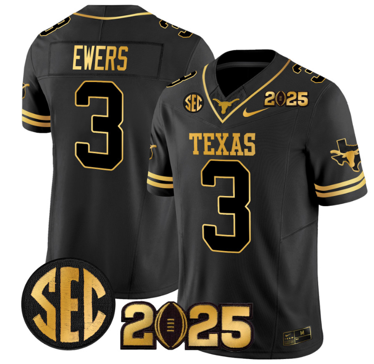 Quinn Ewers Jersey #3 Texas Longhorns 2025 CFP Final Gold Patch Black Gold