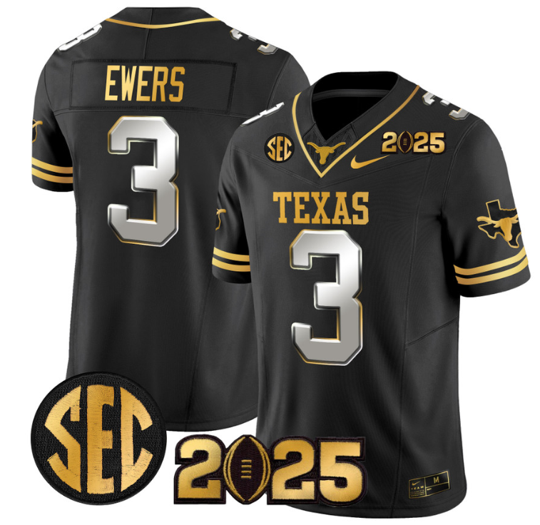 Quinn Ewers Jersey #3 Texas Longhorns 2025 CFP Final Gold Patch Black Limited