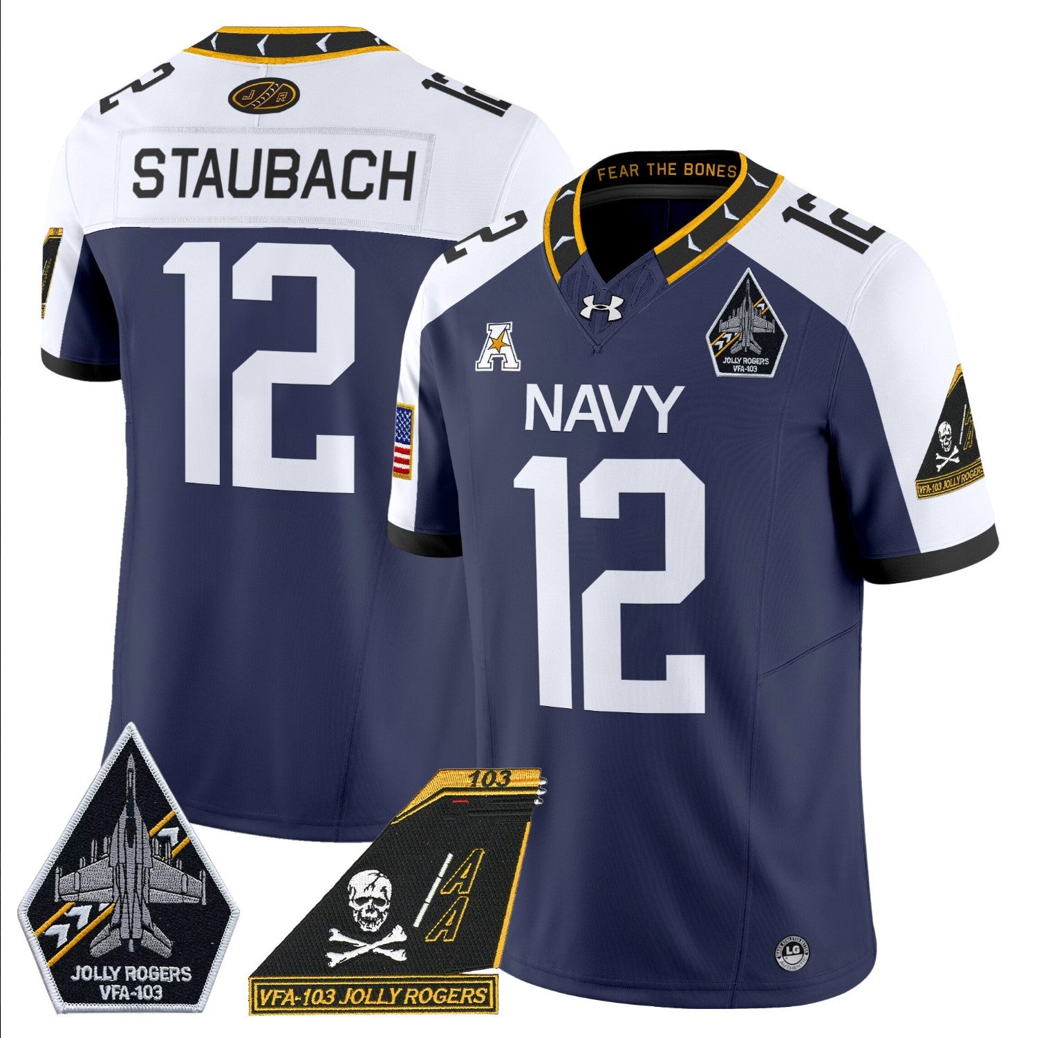 Roger Staubach Jersey #12 Navy Midshipmen 2024 Jolly Rogers Patch Navy Alternate