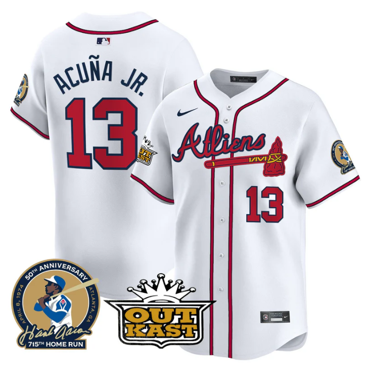 Ronald Acuna Jr Jersey #13 Atlanta Braves Atliens Hank Aaron Patch Limited Stitched White