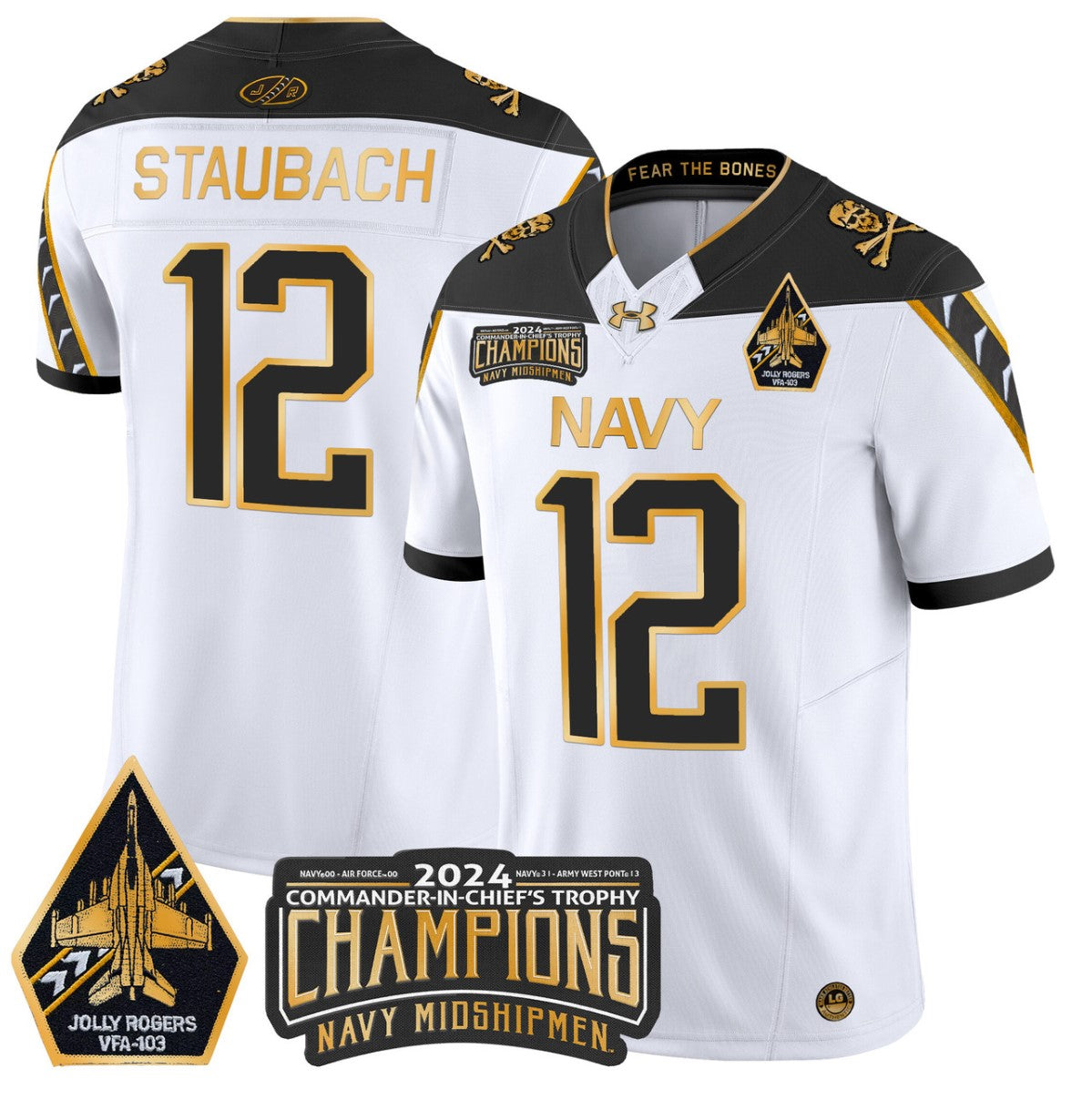 Roger Staubach Jersey #12 Navy Midshipmen Commander-in-chief's Trophy White Gold