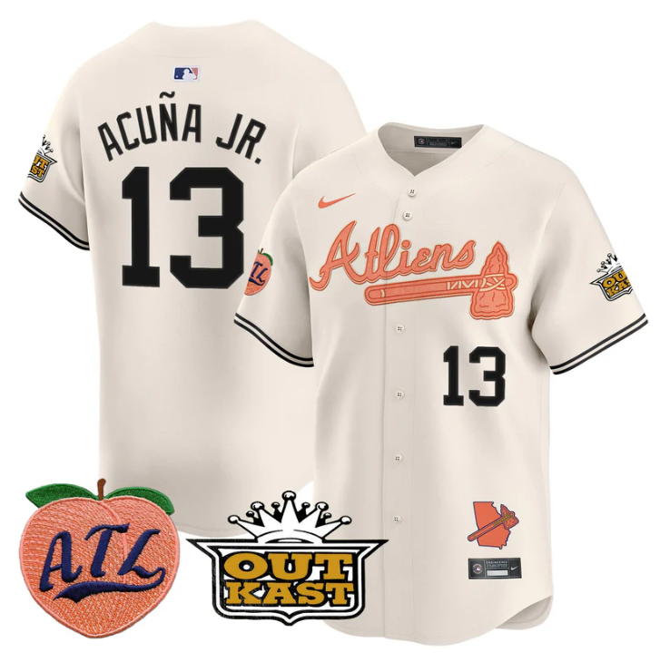 Ronald Acuna Jr Jersey #13 Atlanta Braves Atliens Peach Vapor Premier Limited Stitched Cream