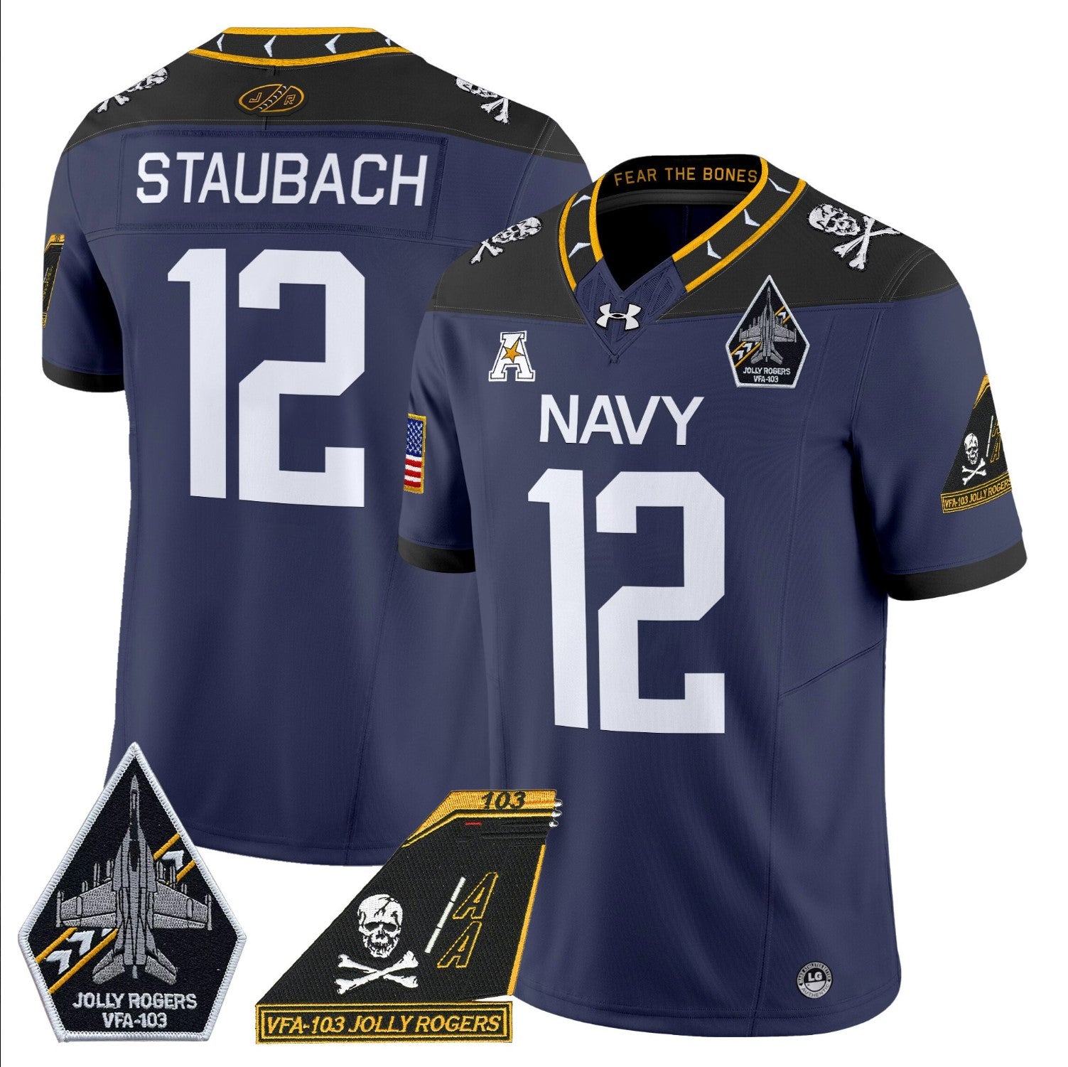 Roger Staubach Jersey #12 Navy Midshipmen 2024 Jolly Rogers Patch Navy