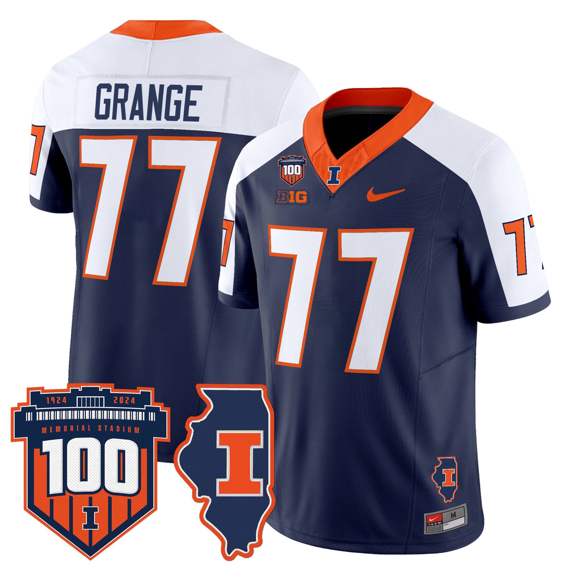 Red Grange Jersey #77 Illinois Fighting 100th Memorial Stadium Navy Alternate