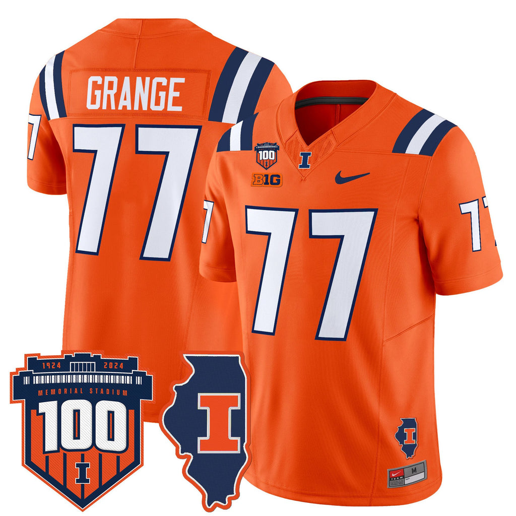 Red Grange Jersey #77 Illinois Fighting 100th Memorial Stadium Orange