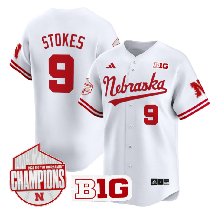Rhett Stokes Jersey #9 Nebraska Huskers Back 2 Back Champions Patch Vapor Limited Stitched White