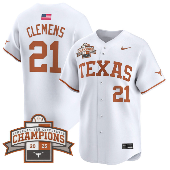 Roger Clemens Jersey #21 Texas Longhorns 2025 Southeastern Champions Vapor Stitched White