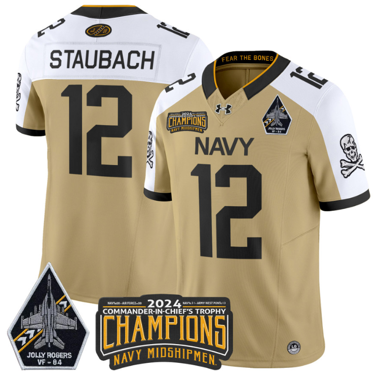 Roger Staubach Jersey #12 Navy Midshipmen 2024 Jolly Rogers Champions Gold White