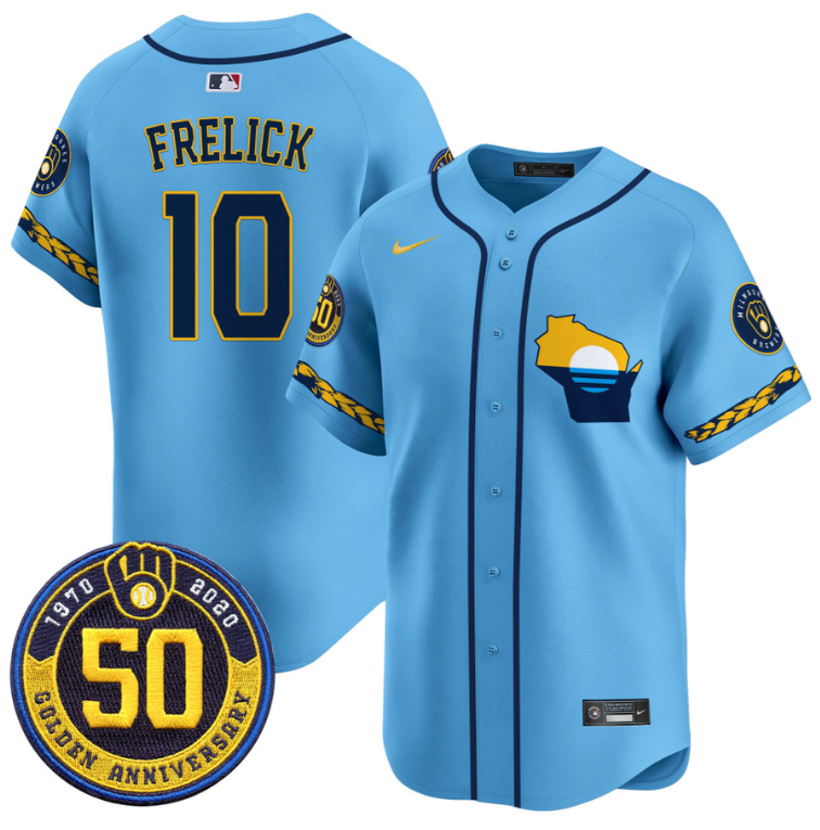 Sal Frelick Jersey #10 Milwaukee Brewers Golden 50th Anniversary Patch Stitched Blue