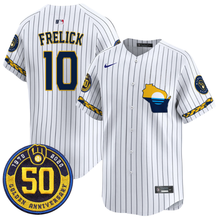 Sal Frelick Jersey #10 Milwaukee Brewers Golden 50th Anniversary Patch Stitched Pinstripe