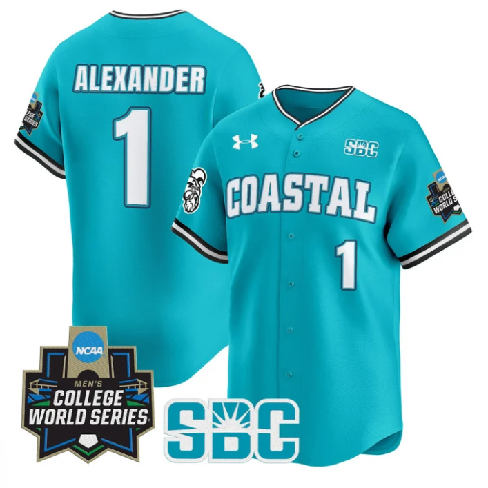Sebastian Alexander Jersey #1 Coastal Carolina 2025 World Series Teal