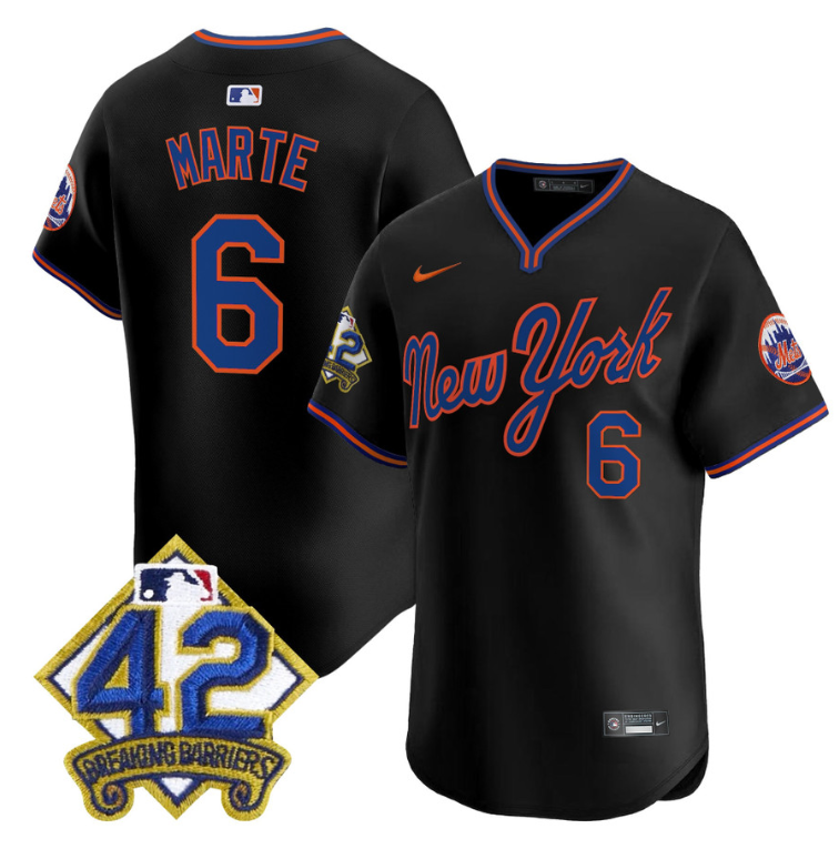 Starling Marte Jersey #6 New York Mets 2025 Jackie Robinson Patch Road Alternate Stitched Black