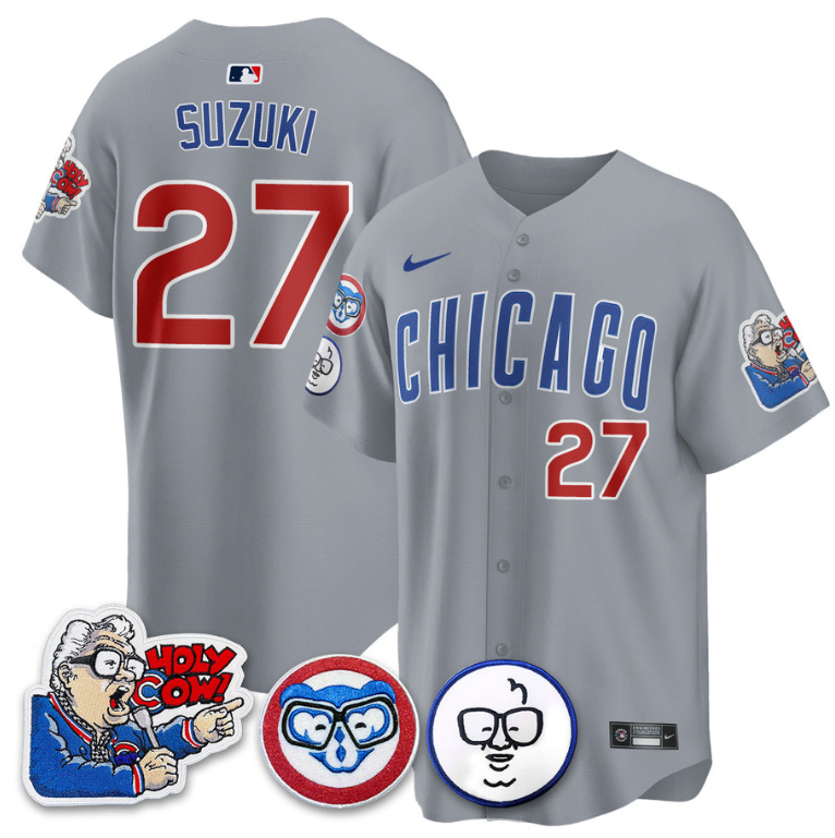 Suzuki Seiya Jersey #27 Chicago Cubs Harry Caray Holy Cow Patch Premier Limited Stitched Gray